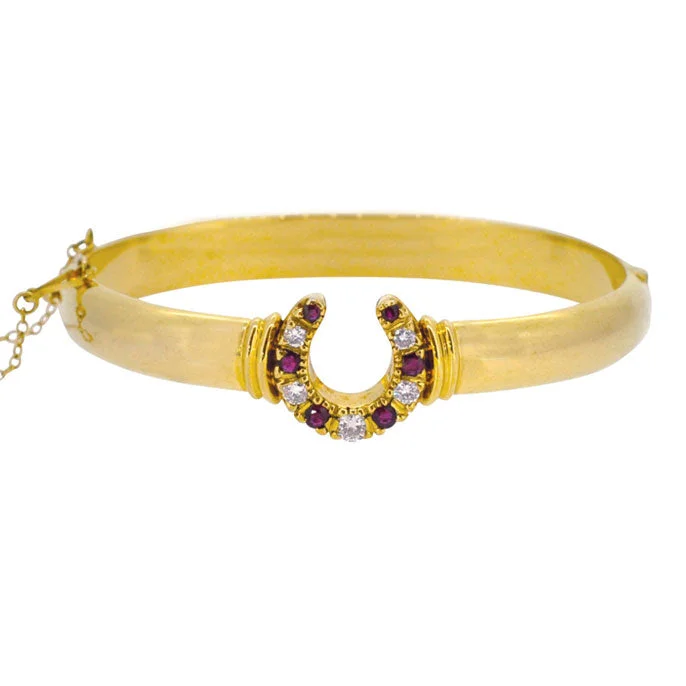 vintage-inspired bangles for women -Ruby & Diamond Horse Shoe Bangle