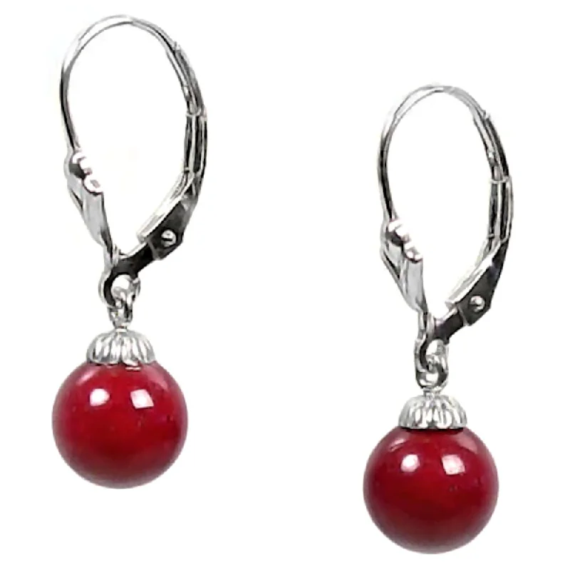 women’s moonstone earrings -Natural Italian Red Coral Ball Drop Leverback Earrings 14K White Gold