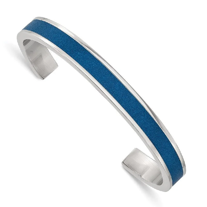 women’s charm bracelets -Stainless Steel Polished Blue Leather Inlay 8mm Cuff Bangle