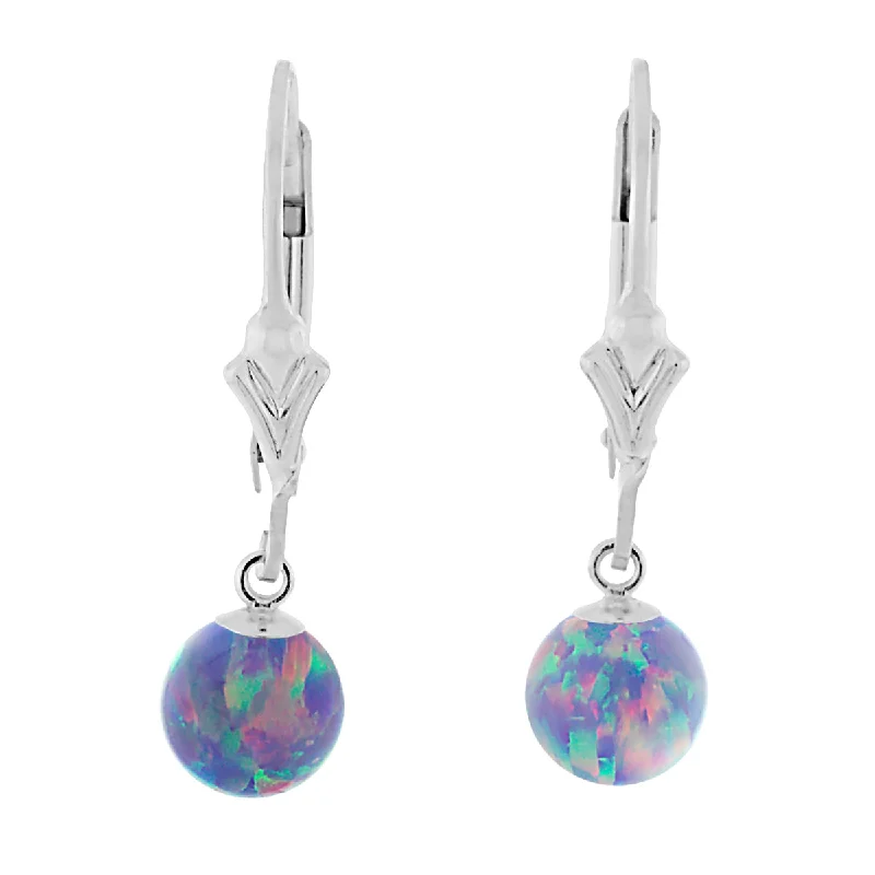 women’s crystal earrings -Norah: Lavender Created Australian Opal Ball Drop Leverback Earrings 925 Sterling Silver