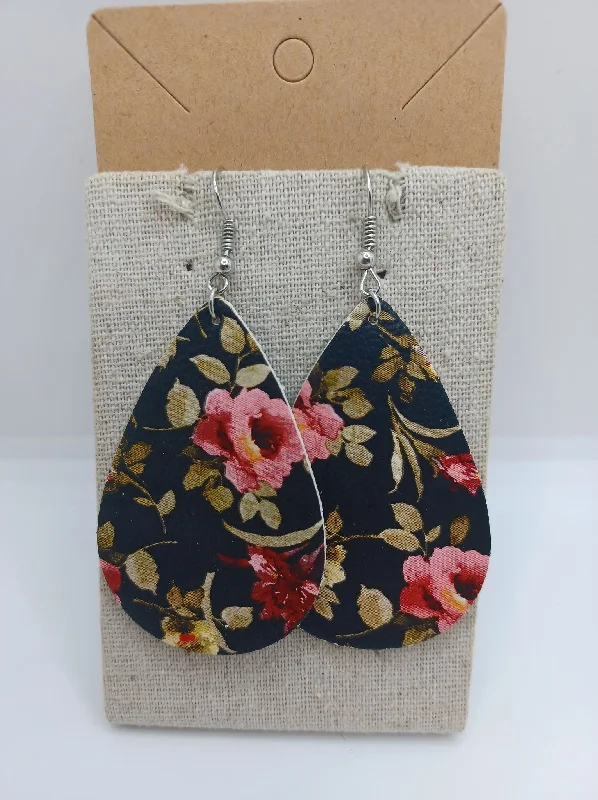 women’s dainty earrings -Black w/ Pink Floral Earrings