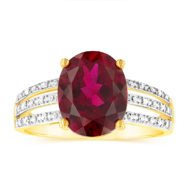 women’s engagement rings -9ct Yellow Gold Oval Created Ruby and Diamond Ring