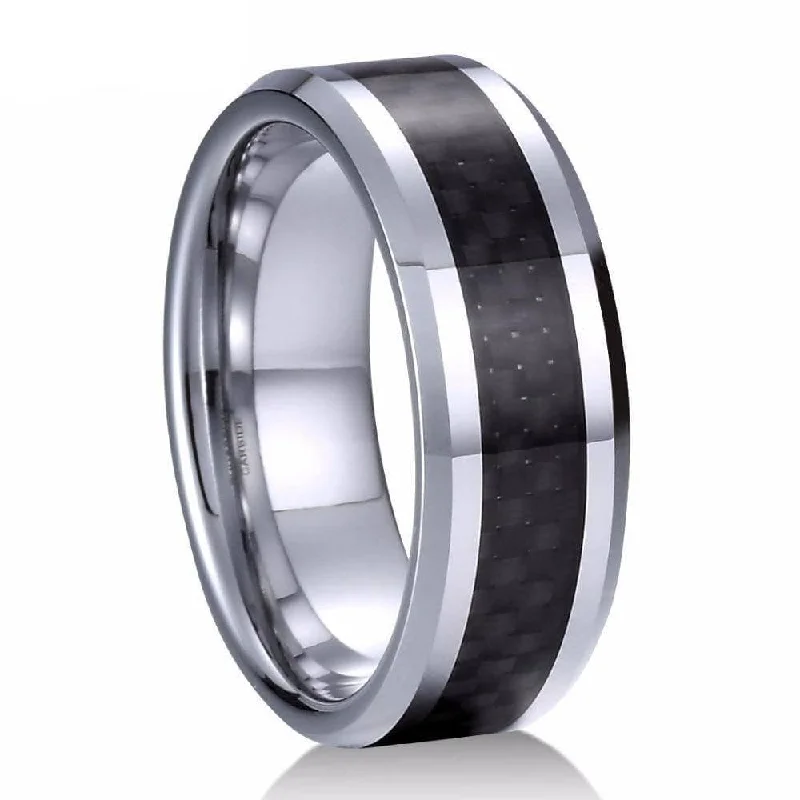 women’s birthstone rings -Classic Tungsten Carbide with Black Carbon Fiber Inlay Wedding Band