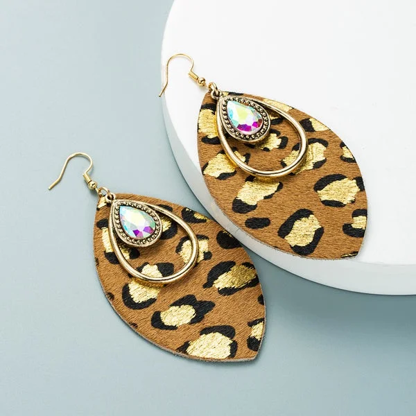 women’s gemstone hoop earrings -Tan Leopard & Mermaid Rhinestone Earrings