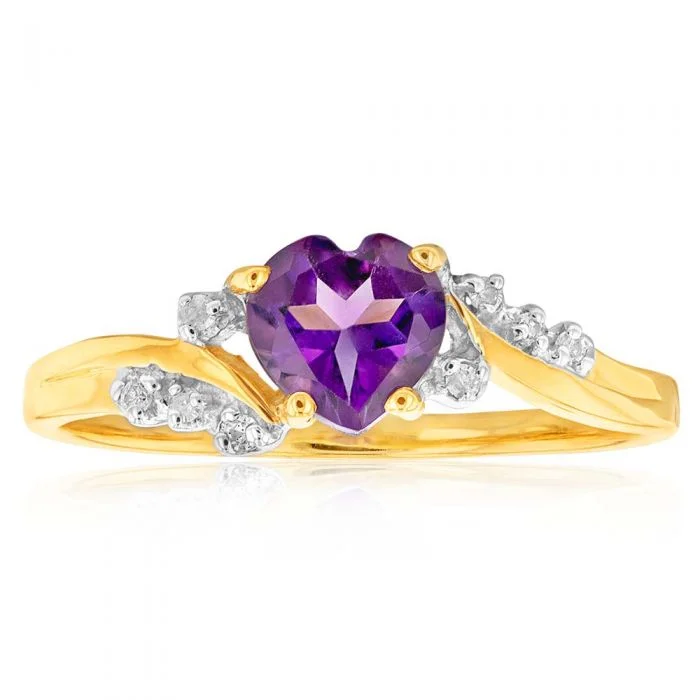 classic solitaire engagement rings -9ct Yellow Gold Amethyst Heart with 8 Diamond Ring