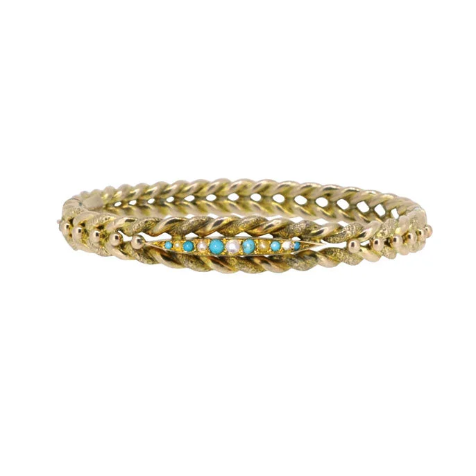 custom engraved bangles for women -Turquoise & Pearl Gold Bangle