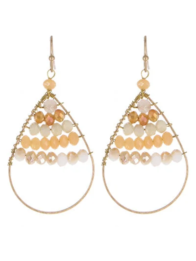 women’s oval earrings -Gold Teardrop Earrings w/ White & Champagne Faceted Beading