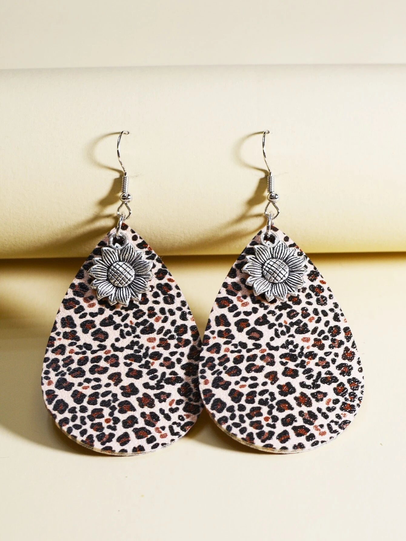 classic earrings for women -Leopard Print Teardrop Earrings w/ Sunflower Charm