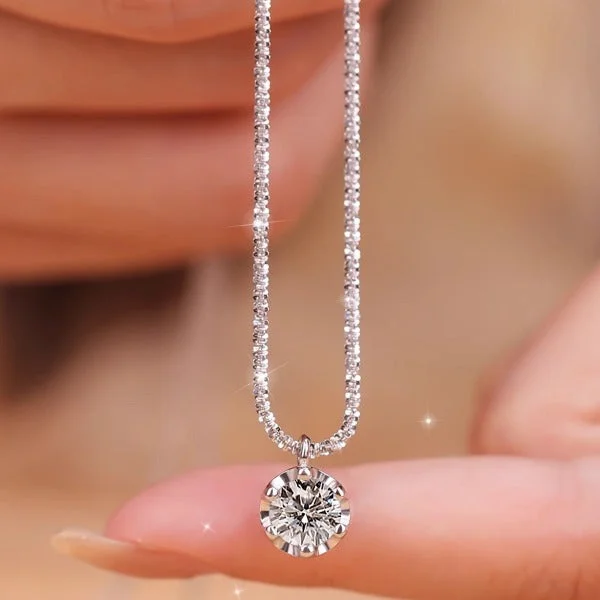 romantic necklaces for women -Round Cut Moissanite Pendant Necklace in Sterling Silver