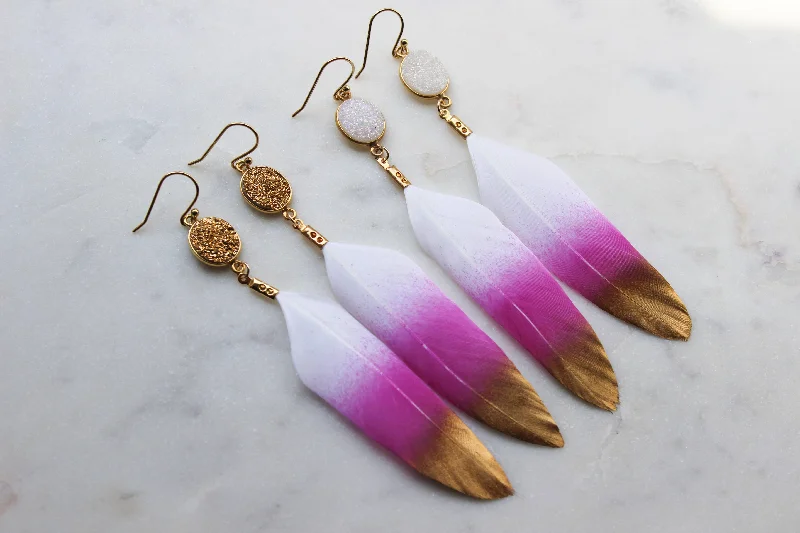 women’s multicolored earrings -Gold Dipped Pink Druzy Feather Earrings