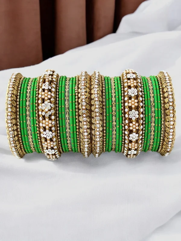 trendy bangles for women -Gold Plated Green Kundan Bridal Chooda Bangles Set, Green Chooda, Green Bangles, Kundan Chooda Set, Green Jewellery Set, Pearl Chooda Set, Indian Kundan Bangles Set, Pakistani Bangles