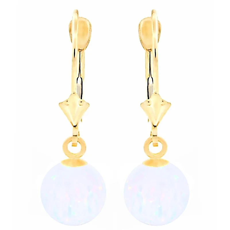 women’s art deco earrings -Lorraine: White Created Australian Opal Ball Drop Leverback Earrings 14-20 Gold Filled