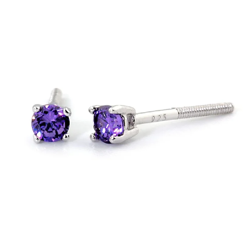 gold hoop earrings for women -3mm Brilliant Cut Amethyst Ice CZ Screw Back Earrings Sterling Silver