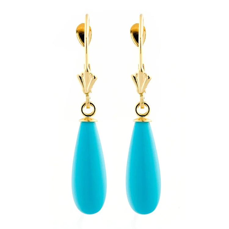 trendy hoop earrings for women -16mm Turquoise Teardrop Leverback Earrings 14K Yellow Gold