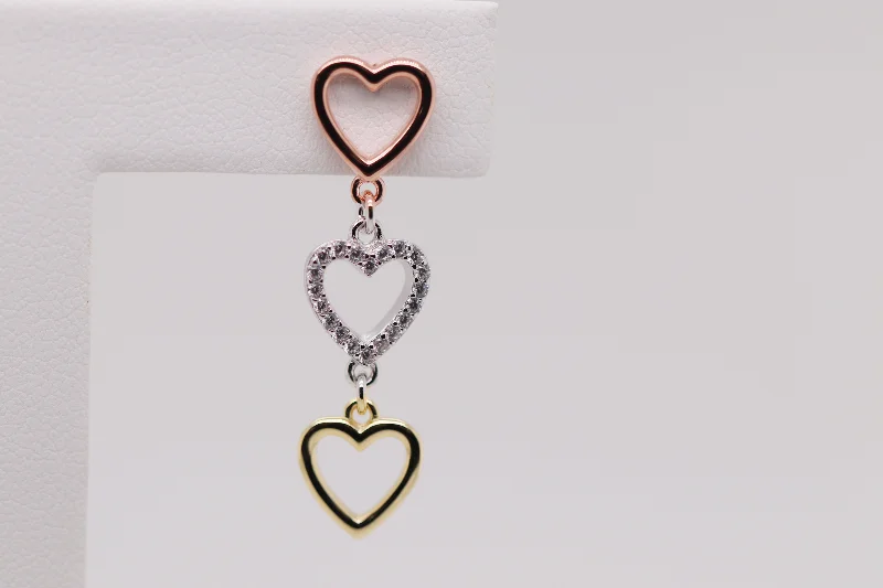 women’s statement earrings -3 Tone Collection - 3 Heart Dangle Earrings Ref: 3COLP004E