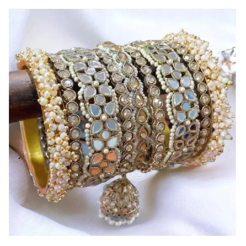 birthstone bangles for women -Golden stone mirror pearl Indian bangles with jhumki, Set of 2