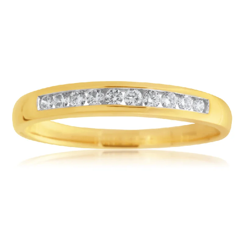 women’s wedding and engagement rings sets -18ct Yellow Gold 1/4 Carat Channel Set Diamond Ring with 10 Brilliant Diamonds