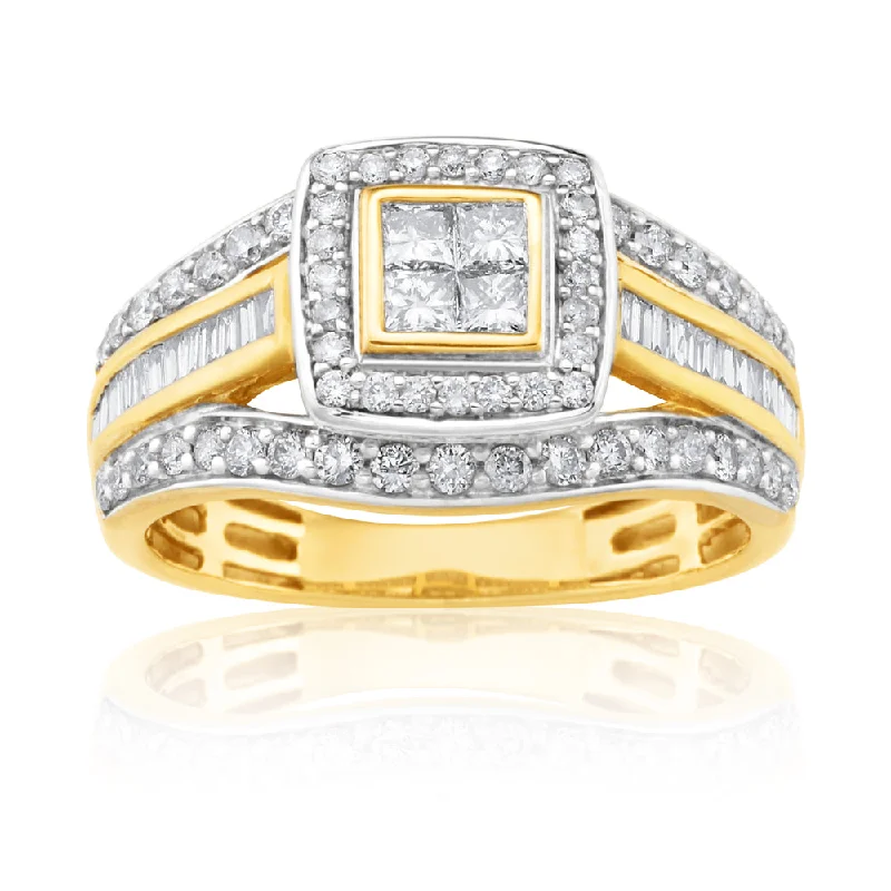 elegant engagement rings for women -9ct Yellow Gold 1 Carat Diamond Ring Set With 86  Diamonds