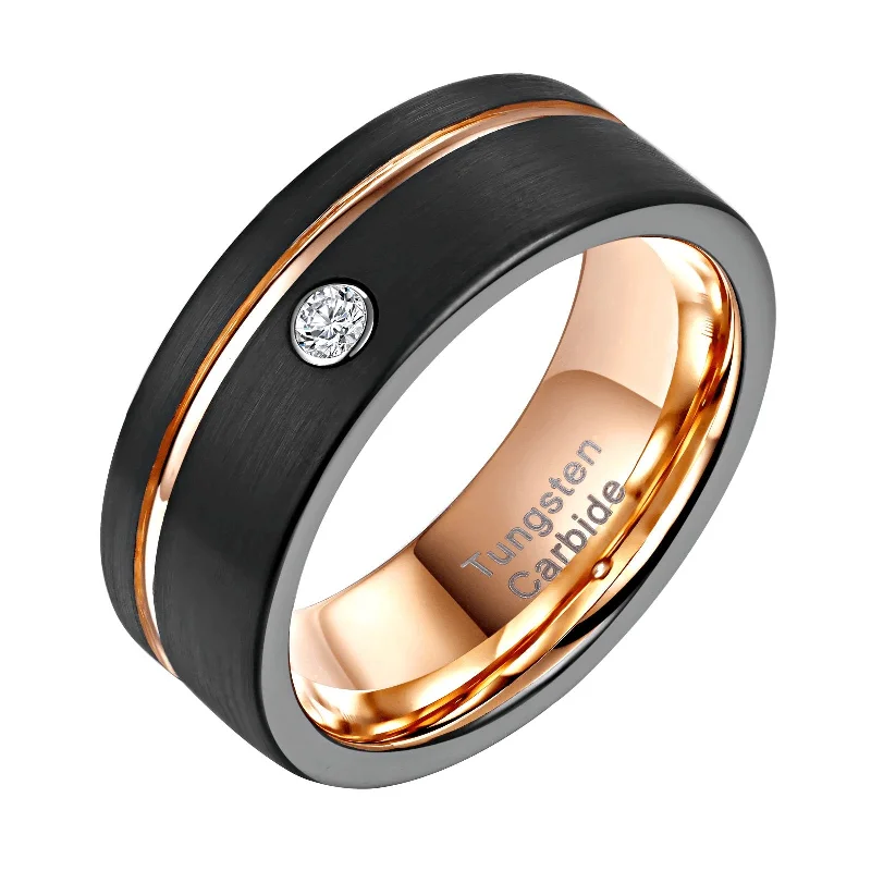 luxury solitaire rings for women -Men's Tungsten Carbide Wedding Band Black with Rose Gold Line