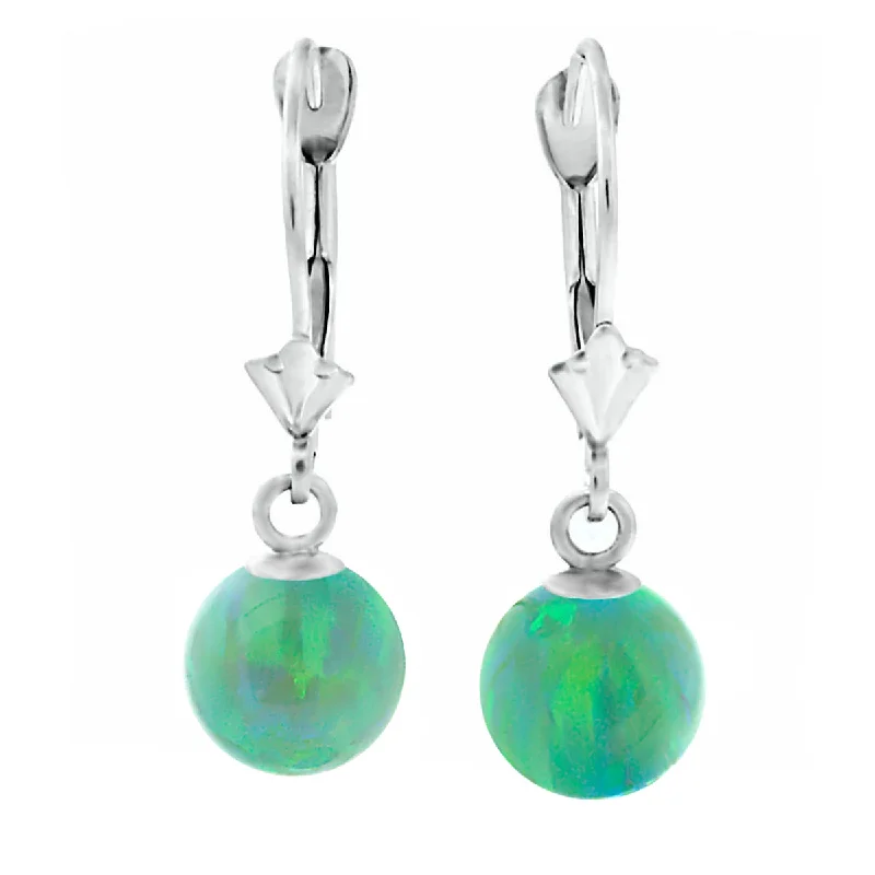 women’s flower stud earrings -Margarita: Kiwi Green Created Australian Opal Ball Drop Leverback Earrings 14K White Gold