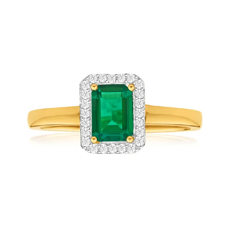 engagement rings with emeralds -9ct Yellow Gold Created Emerald + Diamond Ring