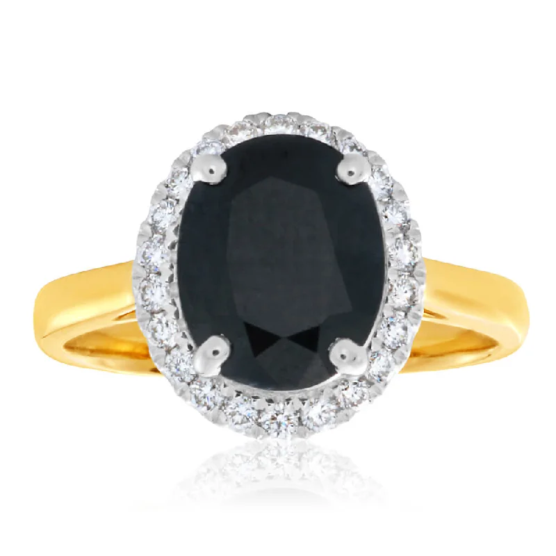 silver engagement rings for women -9ct Yellow Gold Diamond 3.75ct Natural Black Sapphire and 1/4 Carat Diamond Ring