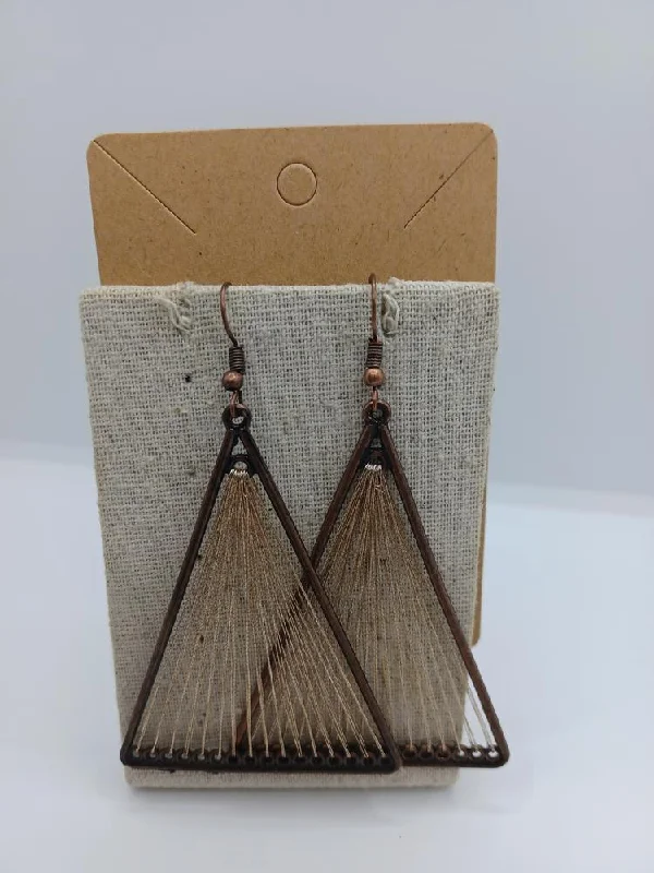 silver drop earrings for women -Brass Triangle Shaped Earrings w/ Gold Threaded Detail