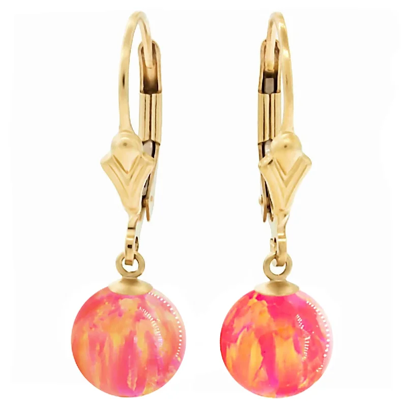 women’s vintage earrings -Cala: Deep Sea Coral Created Australian Opal Ball Drop Leverback Earrings 14-20 Gold Filled