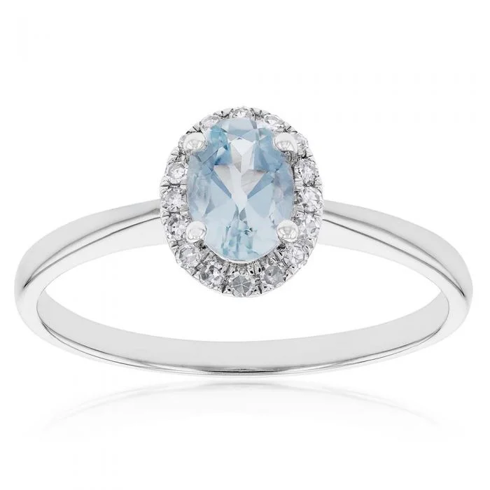 women’s emerald engagement rings -9ct White Gold Aquamarine and 0.10 Carat Diamond Ring