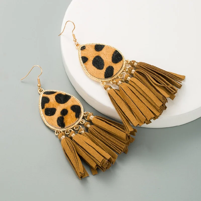 women’s feather earrings -Brown Leopard Tassel Style Earrings