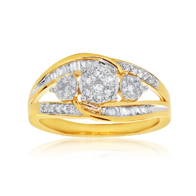 custom bridal engagement rings -9ct Yellow Gold Diamond Ring  Set With An Assortment Of Brilliant and Baguette Diamonds