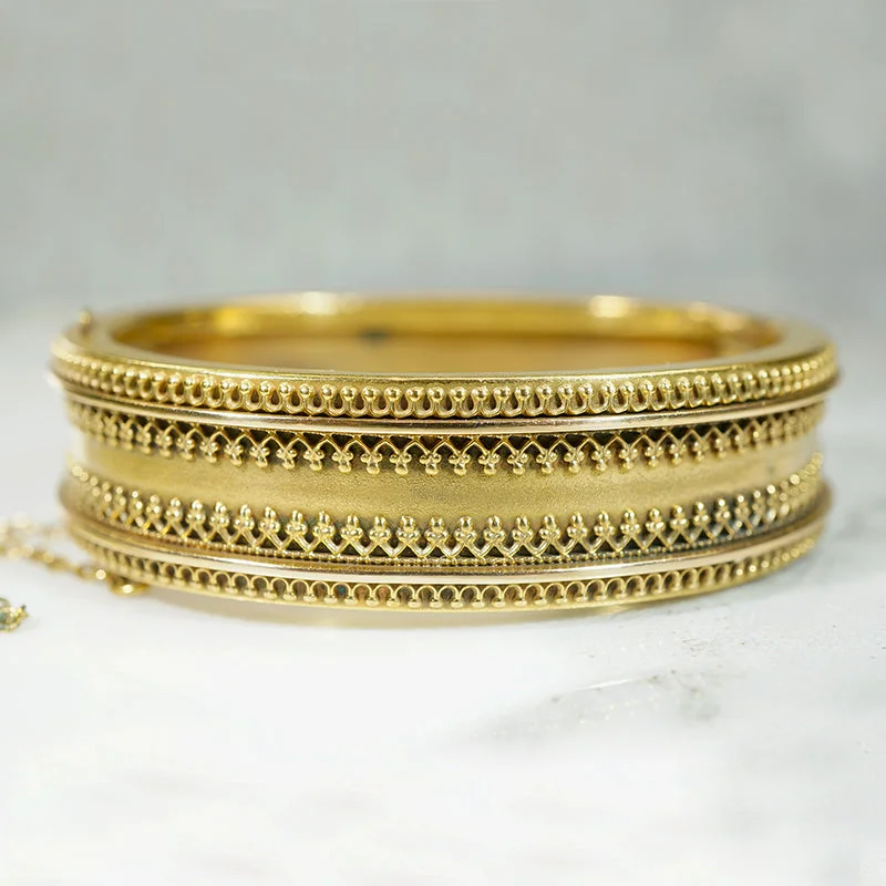 statement bangles for women -Striking Gold Filled Etruscan Revival Hinged Bangle