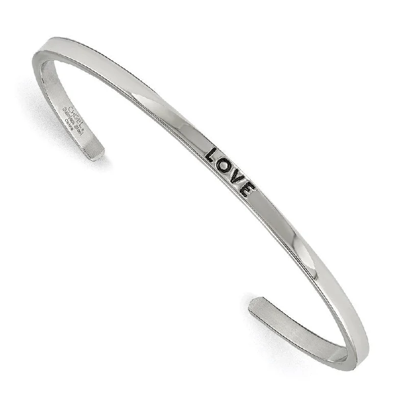 designer charm bracelets for women -Stainless Steel Polished Love CZ 3mm Cuff Bangle