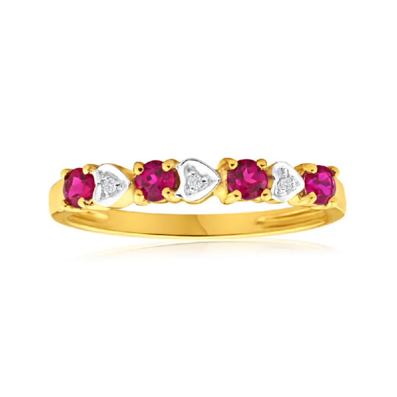 ruby engagement rings for women -9ct Yellow Gold 4 Created Ruby + 3 Diamond Ring