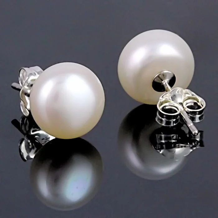 women’s pearl stud earrings -Alida: 11mm Natural White Freshwater Pearl Stud Earrings 925 Silver