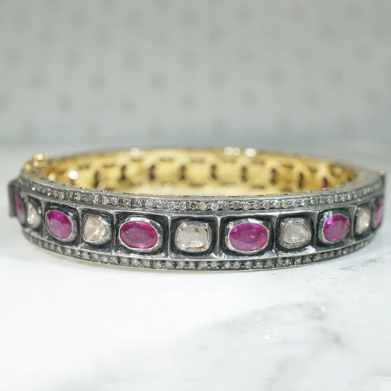 adjustable bangles for women -Indian Bangle Encrusted with Diamonds & Rubies