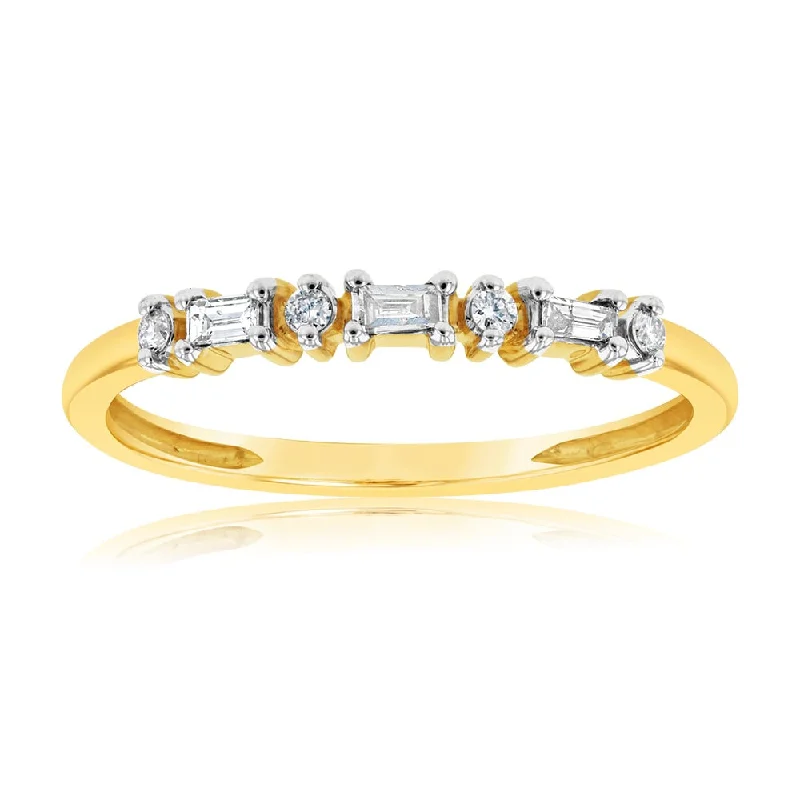 women’s gold engagement rings -9ct Yellow Gold 0.10 Carat Diamond Eternity Ring with 4Brilliant & 3Baguette Diamonds