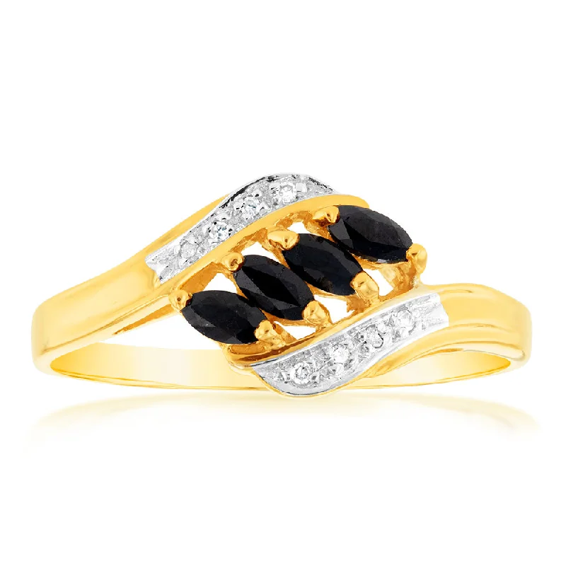 women’s engagement rings with rubies -Natural Marquise Cut Dark Sapphire Diamond Ring in 9ct Yellow Gold