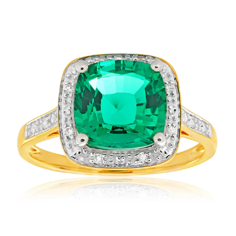 women’s three-stone engagement rings -9ct Yellow Gold Cushion Cut Created Emerald 9mm and Diamond Ring