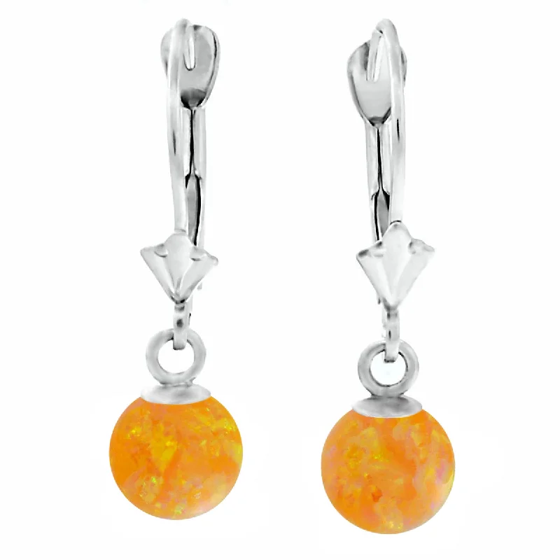 women’s bohemian drop earrings -Cira: Citrine Yellow Created Australian Opal Ball Drop Leverback Earrings 14K White Gold