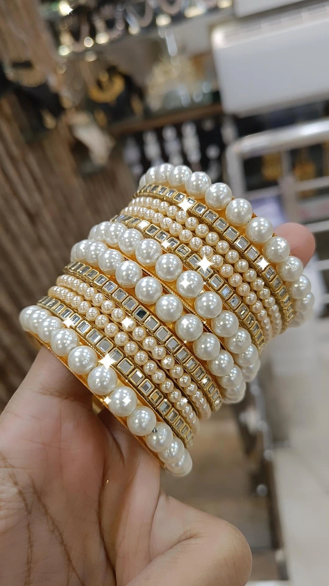 women’s matching bangles -Elegant Bridal Golden Pearl Bangles AD Bollywood Weddings Inspired