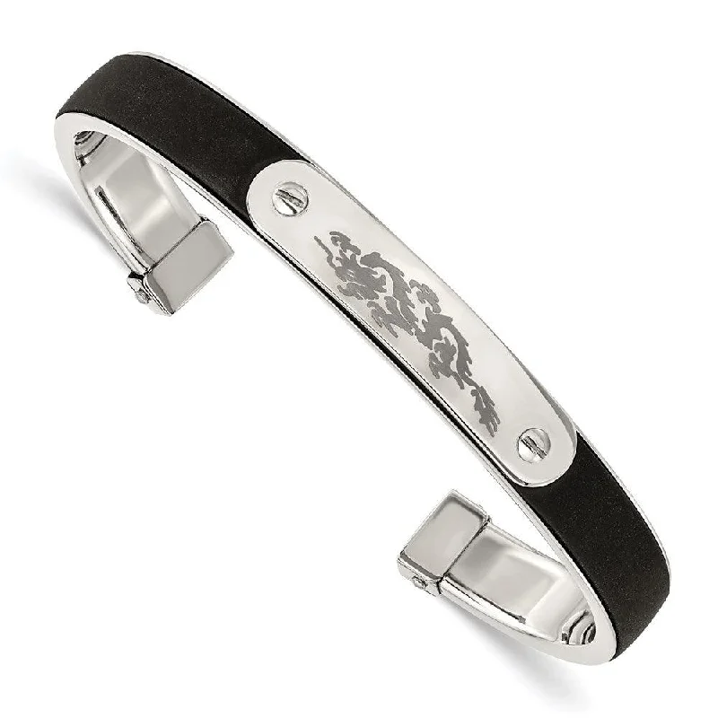 engraved bracelets for women -Stainless Steel Black Rubber Cuff Bangle