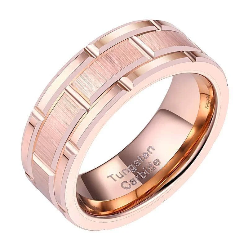 women’s platinum rings -Men's Tungsten Carbide Ring 8mm Rose Gold Brick Pattern