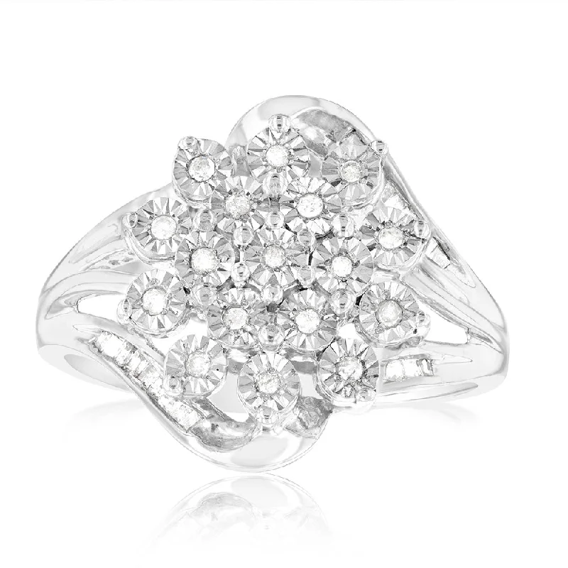 women’s engagement ring sets -Sterling Silver 1/6 Carat Diamond Ring With Round and Baguette Cut Diamonds