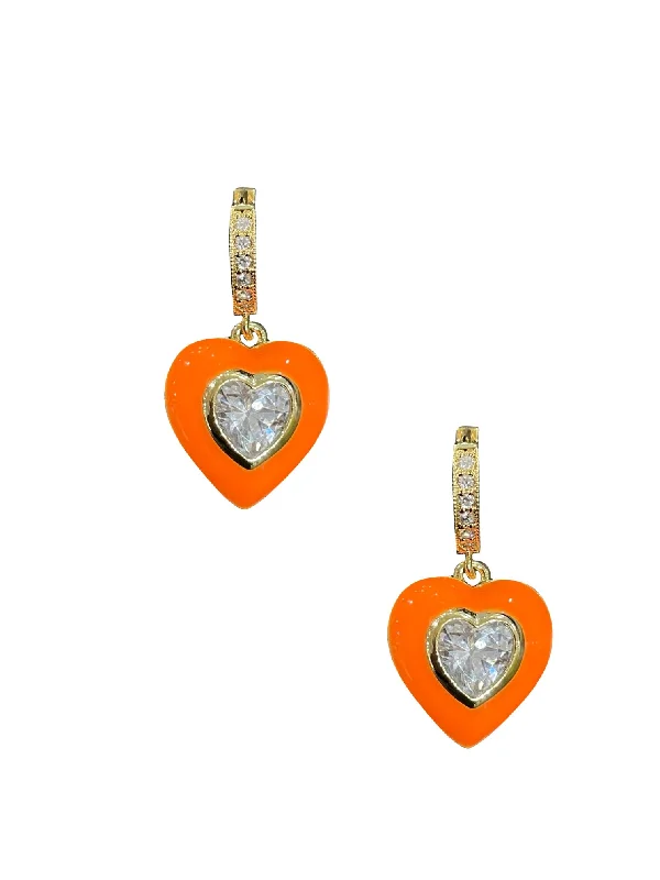 women’s heart-shaped earrings -Orange Enamel Bezel Heart Huggies