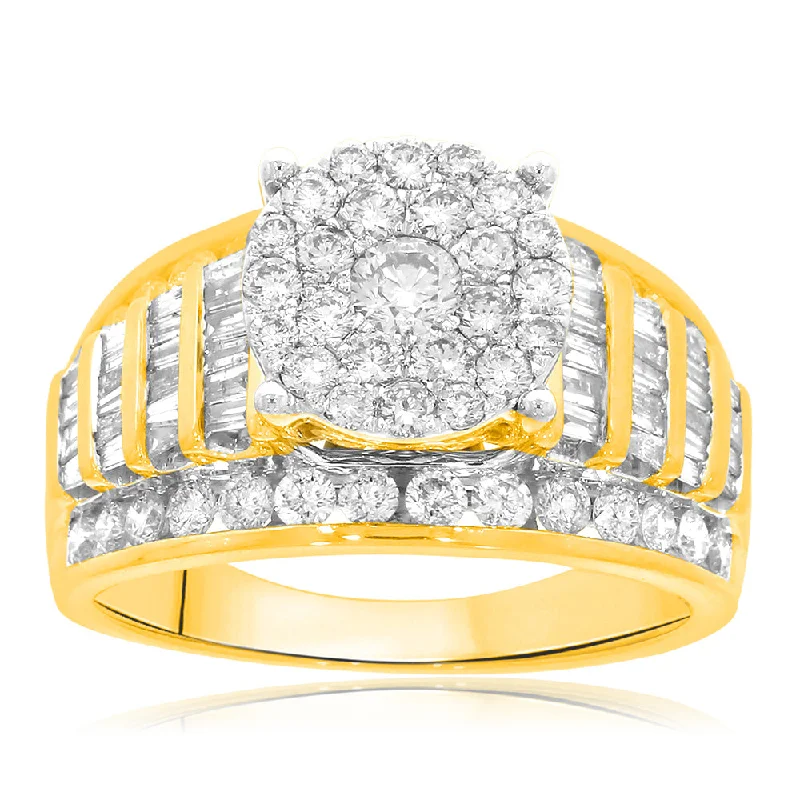 women’s sapphire and diamond rings -9ct Yellow Gold 2 Carat Diamond Ring set with 53 Brilliant and 44 Taperd Diamonds