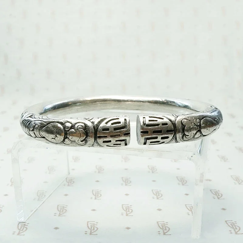 simple bracelets for women -Celestial Double Dragons Split Silver Bangle