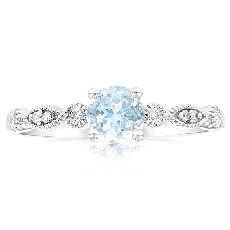 women’s engagement rings with side stones -9ct White Gold Round Cut 0.45ct Aquamarine and Diamond Ring