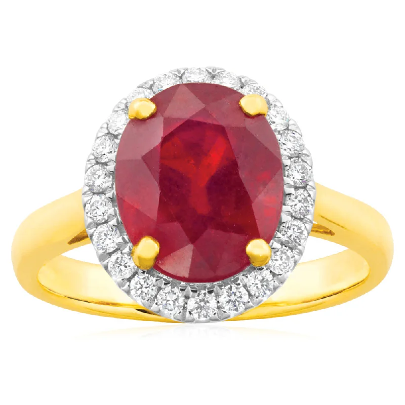 women’s classic engagement rings with diamonds -9ct Yellow Gold Diamond 4.3ct Natural Enhanced/Heat Treated Ruby and 1/4 Carat Diamond Ring