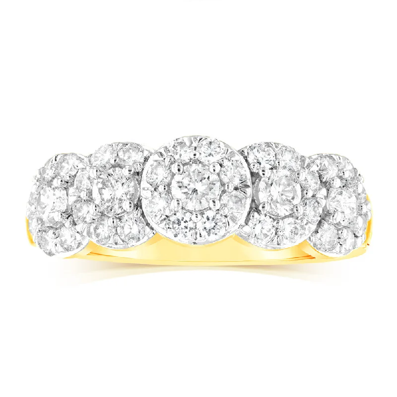 affordable diamond engagement rings -14ct Yellow Gold 0.95 Carat Diamond Ring with 5 Round Brilliant Cut Diamonds Surrounded by Diamond Halos